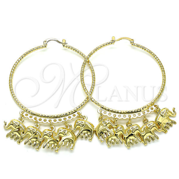 Gold Filled Hoop Earrings — Large Hoop Elephant Design Diamond Cutting 02. — main product view — SKU 143110 | Oro Laminado aretes de aro — Large Hoop Elephant diseño Diamond Cutting 02. — SKU 143110