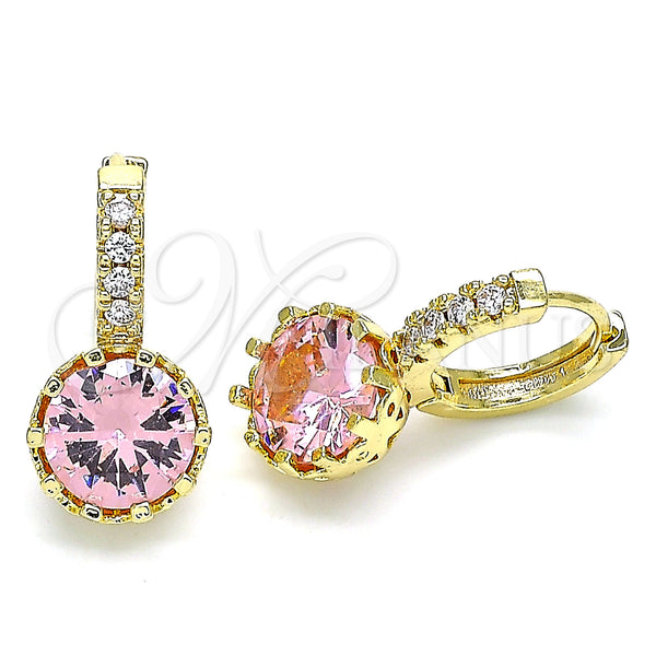 Gold Filled Hoop Earrings — Huggie Hoop with Pink Cubic Zirconia and White — main product view — SKU 143116 | Oro Laminado aretes de aro — Huggie Hoop with Pink Cubic Zirconia and blanco — SKU 143116
