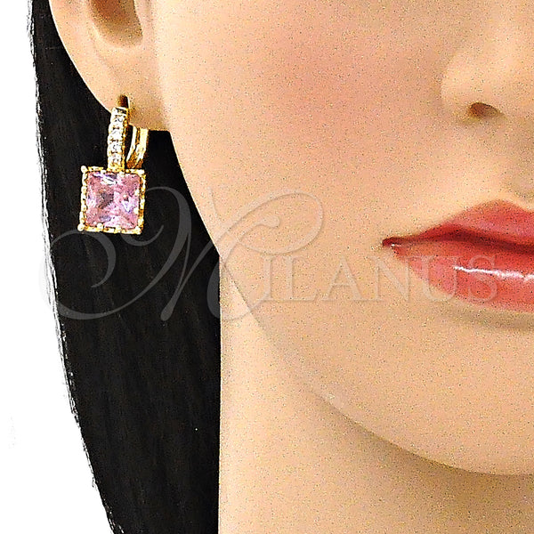 Gold Filled Hoop Earrings — Huggie Hoop with Pink Cubic Zirconia and White — main product view — SKU 143119 | Oro Laminado aretes de aro — Huggie Hoop with Pink Cubic Zirconia and blanco — SKU 143119