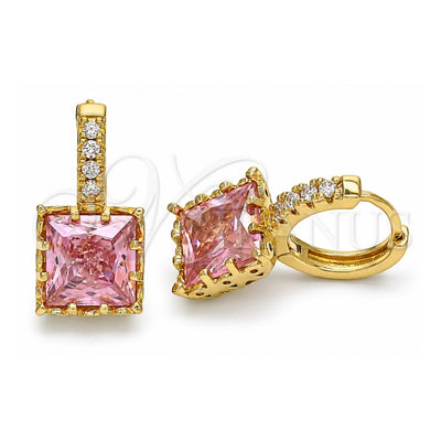 Oro Laminado Huggie Hoop, Gold Filled Style with Pink Cubic Zirconia and White Micro Pave, Polished, Golden Finish, 02.210.0503.1.15