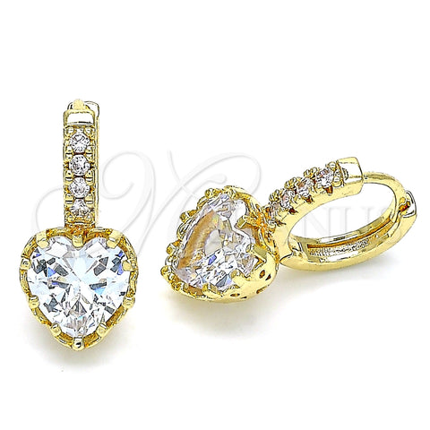 Oro Laminado Huggie Hoop, Gold Filled Style Heart Design, with White Cubic Zirconia and White Micro Pave, Polished, Golden Finish, 02.210.0505.15