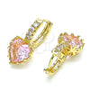 Oro Laminado Huggie Hoop, Gold Filled Style Heart Design, with Pink Cubic Zirconia and White Micro Pave, Polished, Golden Finish, 02.210.0505.1.15