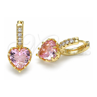 Oro Laminado Huggie Hoop, Gold Filled Style Heart Design, with Pink Cubic Zirconia and White Micro Pave, Polished, Golden Finish, 02.210.0505.1.15