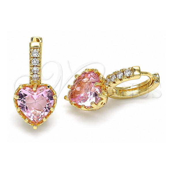 Oro Laminado Huggie Hoop, Gold Filled Style Heart Design, with Pink Cubic Zirconia and White Micro Pave, Polished, Golden Finish, 02.210.0505.1.15