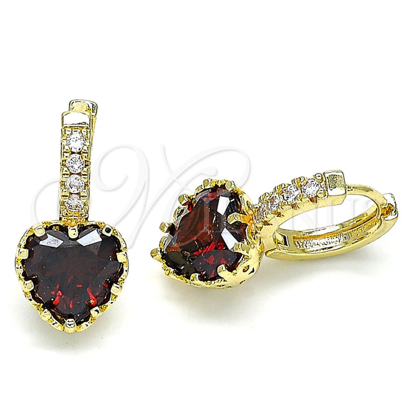 Gold Filled Hoop Earrings — Huggie Hoop Heart Design with Garnet Cubic Zirconia — main product view — SKU 143131 | Oro Laminado aretes de aro — Huggie Hoop corazón diseño with Garnet Cubic Zirconia — SKU 143131