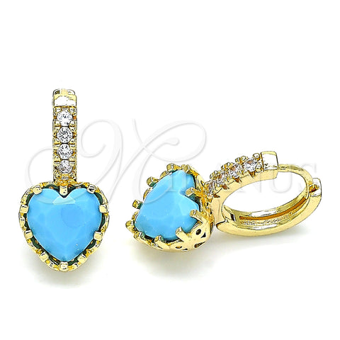 Oro Laminado Huggie Hoop, Gold Filled Style Heart Design, with Turquoise Cubic Zirconia and White Micro Pave, Polished, Golden Finish, 02.210.0505.4.15