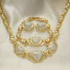Oro Laminado Necklace, Bracelet and Earring, Gold Filled Style Hugs and Kisses and Heart Design, with White Crystal, Polished, Golden Finish, 06.372.0032
