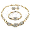 Oro Laminado Necklace, Bracelet and Earring, Gold Filled Style Hugs and Kisses and Heart Design, with White Crystal, Polished, Golden Finish, 06.372.0032