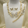 Oro Laminado Necklace, Bracelet and Earring, Gold Filled Style Hugs and Kisses and Butterfly Design, with White Crystal, Polished, Golden Finish, 06.372.0033