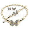 Oro Laminado Necklace, Bracelet and Earring, Gold Filled Style Hugs and Kisses and Butterfly Design, with White Crystal, Polished, Golden Finish, 06.372.0033