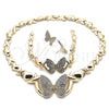 Oro Laminado Necklace, Bracelet and Earring, Gold Filled Style Hugs and Kisses and Butterfly Design, with White Crystal, Polished, Golden Finish, 06.372.0033