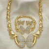 Oro Laminado Necklace, Bracelet and Earring, Gold Filled Style Hugs and Kisses and Butterfly Design, with White Crystal, Polished, Golden Finish, 06.372.0033