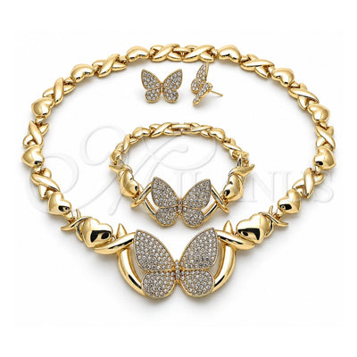 Oro Laminado Necklace, Bracelet and Earring, Gold Filled Style Hugs and Kisses and Butterfly Design, with White Crystal, Polished, Golden Finish, 06.372.0033