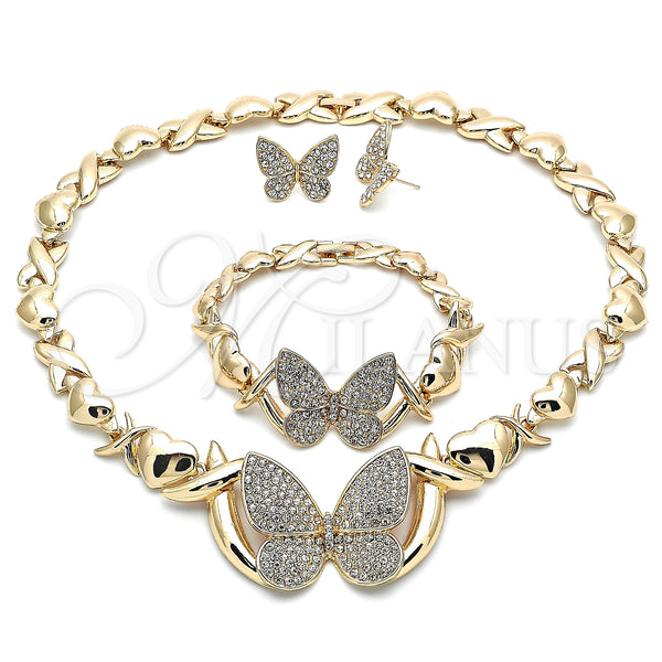 Oro Laminado Necklace, Bracelet and Earring, Gold Filled Style Hugs and Kisses and Butterfly Design, with White Crystal, Polished, Golden Finish, 06.372.0033