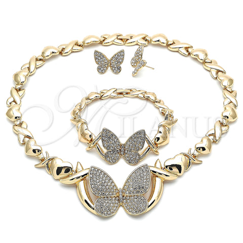 Oro Laminado Necklace, Bracelet and Earring, Gold Filled Style Hugs and Kisses and Butterfly Design, with White Crystal, Polished, Golden Finish, 06.372.0033