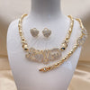 Oro Laminado Necklace, Bracelet and Earring, Gold Filled Style Hugs and Kisses and Love Design, with White Crystal, Polished, Golden Finish, 06.372.0035