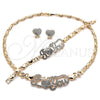 Oro Laminado Necklace, Bracelet and Earring, Gold Filled Style Hugs and Kisses and Love Design, with White Crystal, Polished, Golden Finish, 06.372.0035