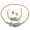Oro Laminado Necklace, Bracelet and Earring, Gold Filled Style Hugs and Kisses and Love Design, with White Crystal, Polished, Golden Finish, 06.372.0035