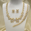 Oro Laminado Necklace, Bracelet and Earring, Gold Filled Style Teddy Bear and Heart Design, with White Crystal, Polished, Golden Finish, 06.372.0037