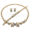 Oro Laminado Necklace, Bracelet and Earring, Gold Filled Style Teddy Bear and Heart Design, with White Crystal, Polished, Golden Finish, 06.372.0037