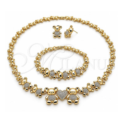 Oro Laminado Necklace, Bracelet and Earring, Gold Filled Style Teddy Bear and Heart Design, with White Crystal, Polished, Golden Finish, 06.372.0037