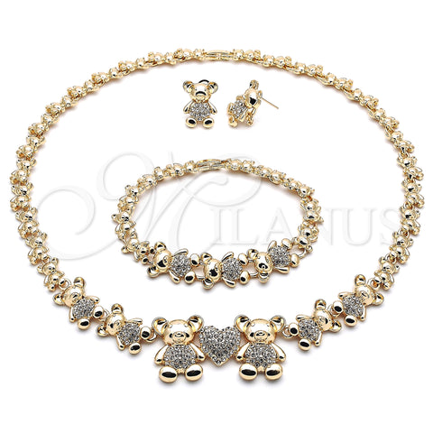 Oro Laminado Necklace, Bracelet and Earring, Gold Filled Style Teddy Bear and Heart Design, with White Crystal, Polished, Golden Finish, 06.372.0037