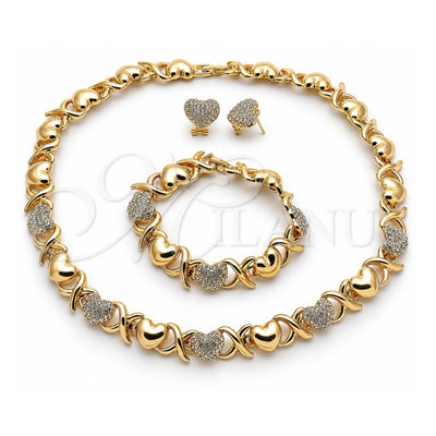 Oro Laminado Necklace, Bracelet and Earring, Gold Filled Style Hugs and Kisses and Heart Design, with White Crystal, Polished, Golden Finish, 06.372.0038
