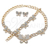 Oro Laminado Necklace, Bracelet and Earring, Gold Filled Style Butterfly and Miami Cuban Design, with White Crystal, Polished, Golden Finish, 06.372.0040