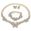 Oro Laminado Necklace, Bracelet and Earring, Gold Filled Style Butterfly and Miami Cuban Design, with White Crystal, Polished, Golden Finish, 06.372.0040