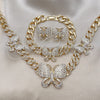 Oro Laminado Necklace, Bracelet and Earring, Gold Filled Style Butterfly and Miami Cuban Design, with White Crystal, Polished, Golden Finish, 06.372.0040