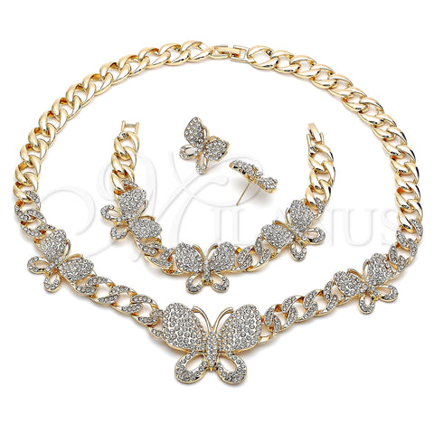 Oro Laminado Necklace, Bracelet and Earring, Gold Filled Style Butterfly and Miami Cuban Design, with White Crystal, Polished, Golden Finish, 06.372.0040