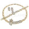 Oro Laminado Necklace, Bracelet and Earring, Gold Filled Style Hugs and Kisses and Crown Design, with White Crystal, Polished, Golden Finish, 06.372.0041