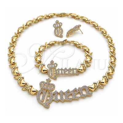 Oro Laminado Necklace, Bracelet and Earring, Gold Filled Style Hugs and Kisses and Crown Design, with White Crystal, Polished, Golden Finish, 06.372.0041