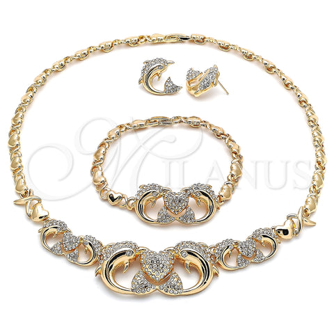 Oro Laminado Necklace, Bracelet and Earring, Gold Filled Style Hugs and Kisses and Dolphin Design, with White Crystal, Polished, Golden Finish, 06.372.0042