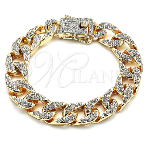 Oro Laminado Basic Bracelet, Gold Filled Style Curb Design, with White Crystal, Polished, Golden Finish, 03.372.0002.08 (14 MM Thickness, 8 Inches Length)