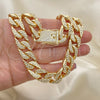 Oro Laminado Basic Necklace, Gold Filled Style Curb and Box Lock Design, with White Crystal, Polished, Golden Finish, 03.372.0002.18 (14 MM Thickness, 18 Inches Length)