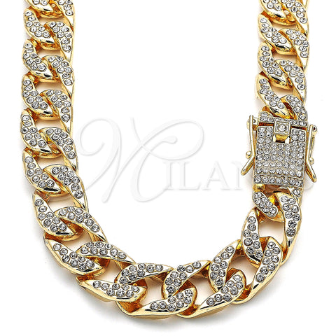 Oro Laminado Basic Necklace, Gold Filled Style Curb Design, with White Crystal, Polished, Golden Finish, 03.372.0002.18 (14 MM Thickness, 18 Inches Length)
