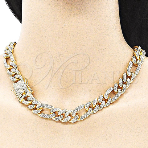 Oro Laminado Basic Necklace, Gold Filled Style Figaro Design, with White Crystal, Polished, Golden Finish, 03.372.0003.18 (13 MM Thickness, 18 Inches Length)