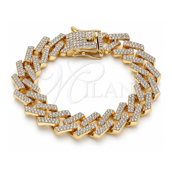 Oro Laminado Basic Bracelet, Gold Filled Style Box Lock Design, with White Crystal, Polished, Golden Finish, 03.372.0005.08 (15 MM Thickness, 8 Inches Length)
