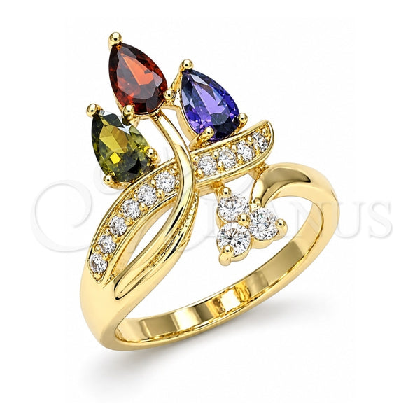 Oro Laminado Multi Stone Ring, Gold Filled Style Teardrop Design, with Multicolor Cubic Zirconia and White Micro Pave, Polished, Golden Finish, 01.210.0138.08 (Size 8)