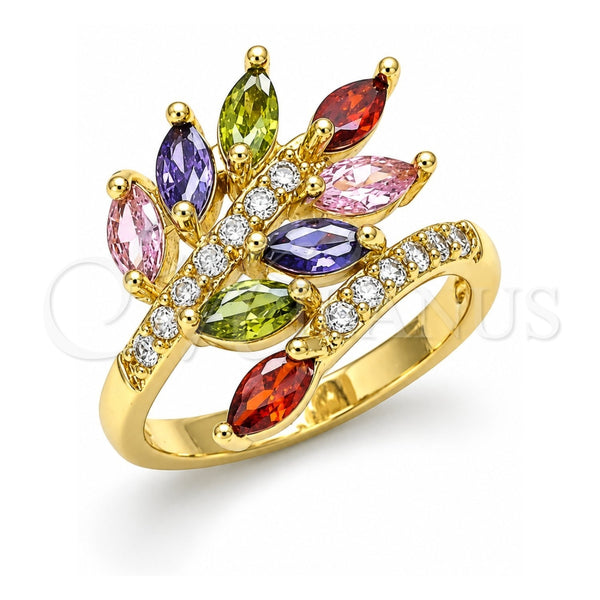Oro Laminado Multi Stone Ring, Gold Filled Style Leaf Design, with Multicolor Cubic Zirconia and White Micro Pave, Polished, Golden Finish, 01.210.0140.07 (Size 7)