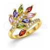 Oro Laminado Multi Stone Ring, Gold Filled Style Leaf Design, with Multicolor Cubic Zirconia and White Micro Pave, Polished, Golden Finish, 01.210.0140.07 (Size 7)