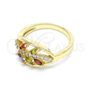Oro Laminado Multi Stone Ring, Gold Filled Style Leaf Design, with Multicolor Cubic Zirconia and White Micro Pave, Polished, Golden Finish, 01.210.0141.08 (Size 8)