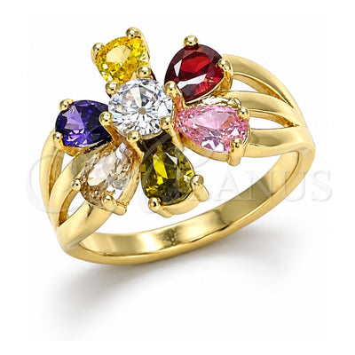 Oro Laminado Multi Stone Ring, Gold Filled Style Flower Design, with Multicolor Cubic Zirconia, Polished, Golden Finish, 01.210.0143.07 (Size 7)