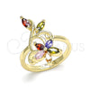 Oro Laminado Multi Stone Ring, Gold Filled Style Flower and Leaf Design, with Multicolor Cubic Zirconia, Polished, Golden Finish, 01.210.0144.08 (Size 8)