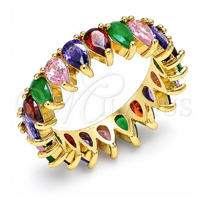 Oro Laminado Multi Stone Ring, Gold Filled Style Teardrop Design, with Multicolor Cubic Zirconia, Polished, Golden Finish, 01.210.0149.08 (Size 8)