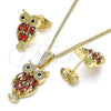 Oro Laminado Earring and Pendant Adult Set, Gold Filled Style Owl Design, with Garnet and Black Cubic Zirconia, Polished, Golden Finish, 10.210.0130.2
