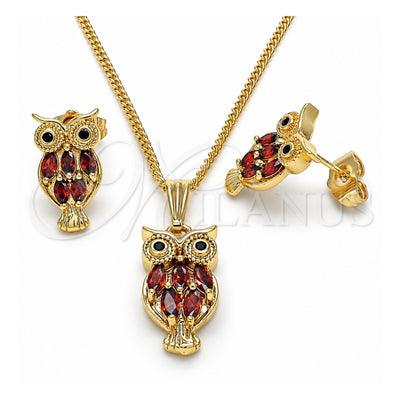 Oro Laminado Earring and Pendant Adult Set, Gold Filled Style Owl Design, with Garnet and Black Cubic Zirconia, Polished, Golden Finish, 10.210.0130.2
