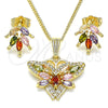 Oro Laminado Earring and Pendant Adult Set, Gold Filled Style Butterfly Design, with Multicolor Cubic Zirconia and White Micro Pave, Polished, Golden Finish, 10.210.0134.2