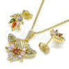 Oro Laminado Earring and Pendant Adult Set, Gold Filled Style Butterfly Design, with Multicolor Cubic Zirconia and White Micro Pave, Polished, Golden Finish, 10.210.0134.2